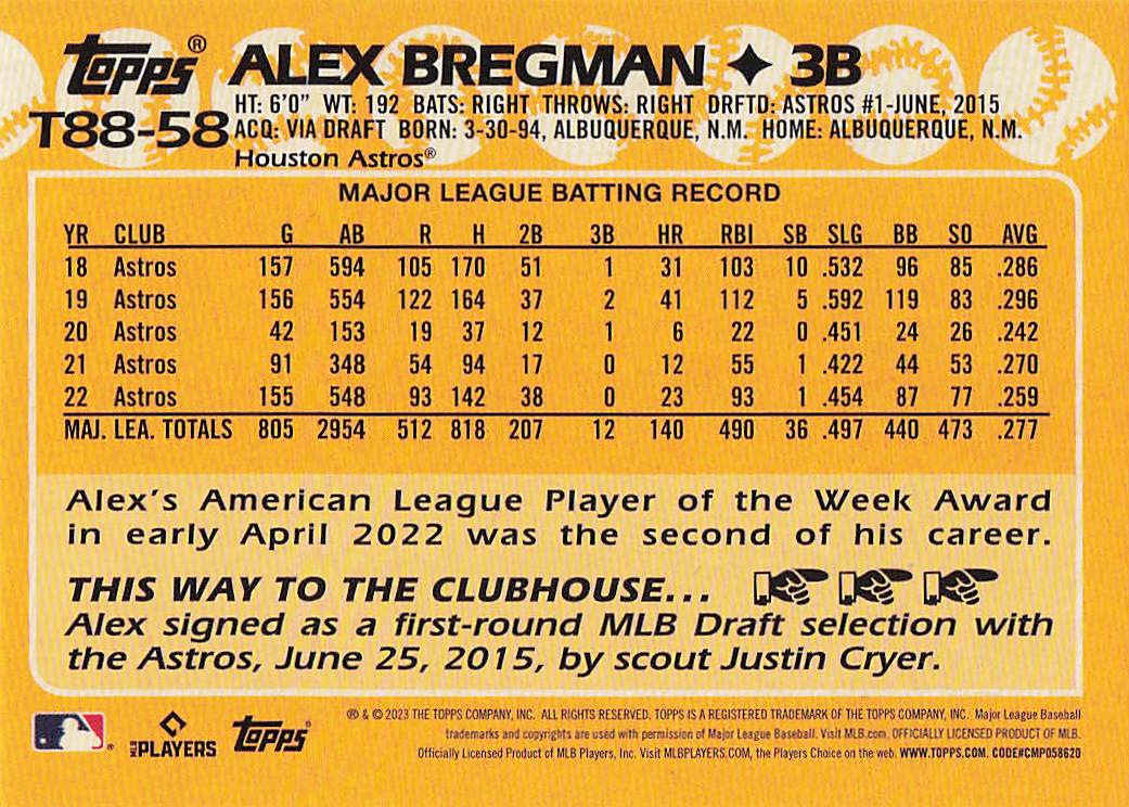 2023 Topps Baseball 1988 Topps Baseball Alex Bregman #T88-58