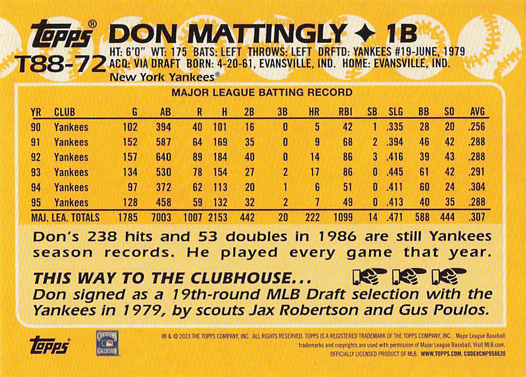 2023 Topps Baseball 1988 Topps Baseball Don Mattingly #T88-72