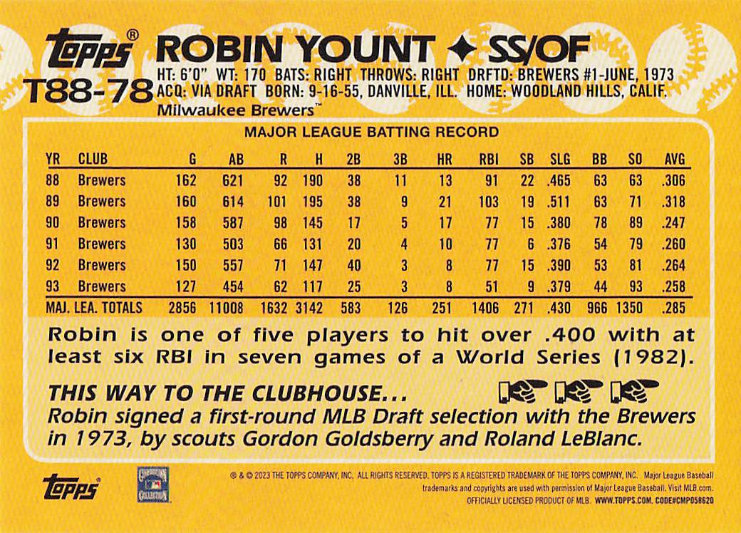 2023 Topps Baseball 1988 Topps Baseball Robin Yount #T88-78