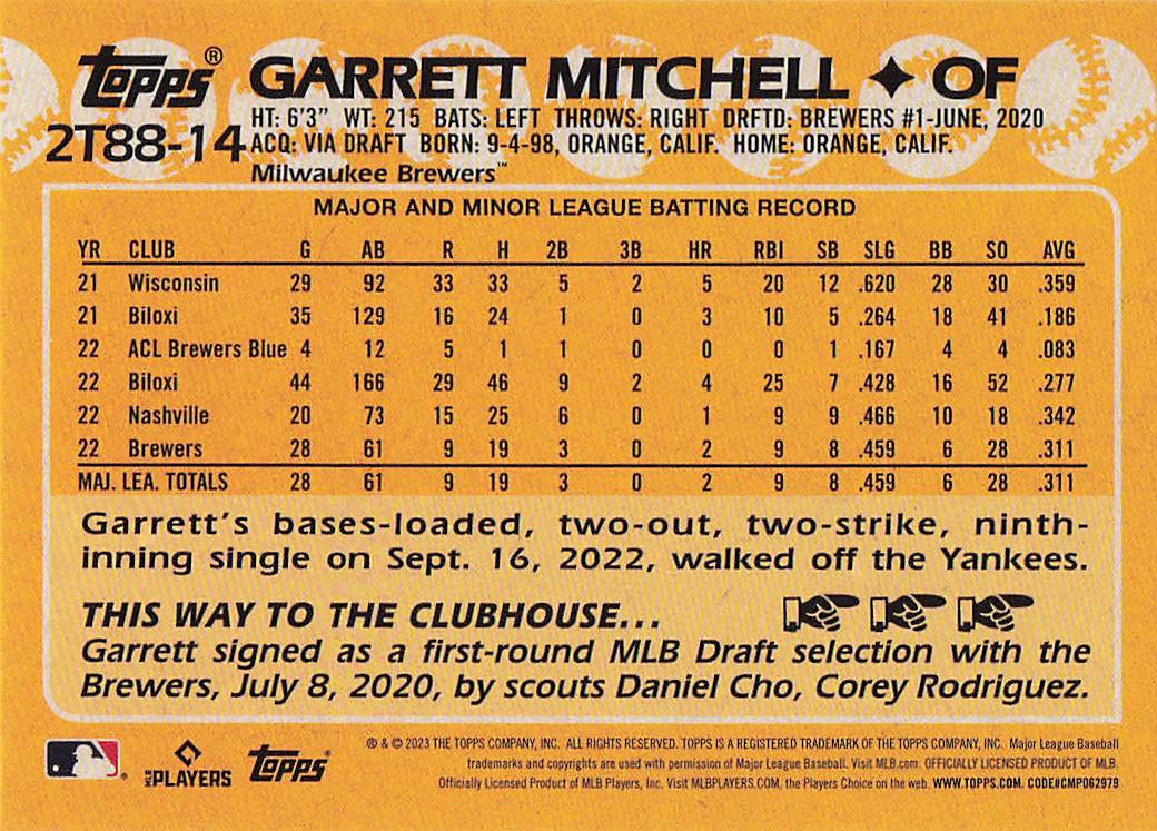 2023 Topps Baseball 1988 Topps Baseball Garrett Mitchell #2T88-14