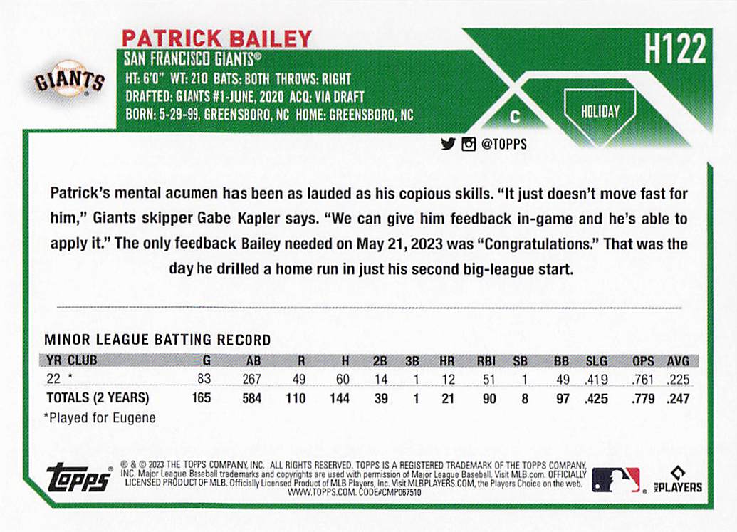 2023 Topps Holiday Baseball Patrick Bailey #H122 Rookie