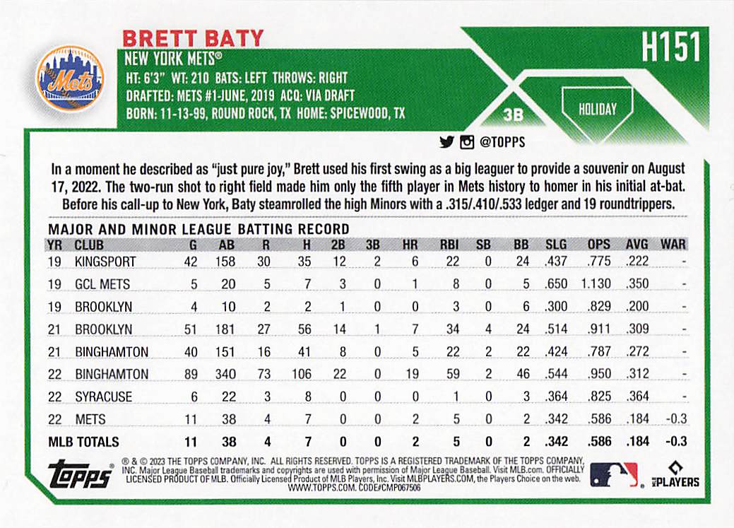 2023 Topps Holiday Baseball Brett Baty #H151 Rookie
