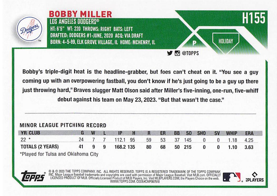 2023 Topps Holiday Baseball Bobby Miller #H155 Rookie