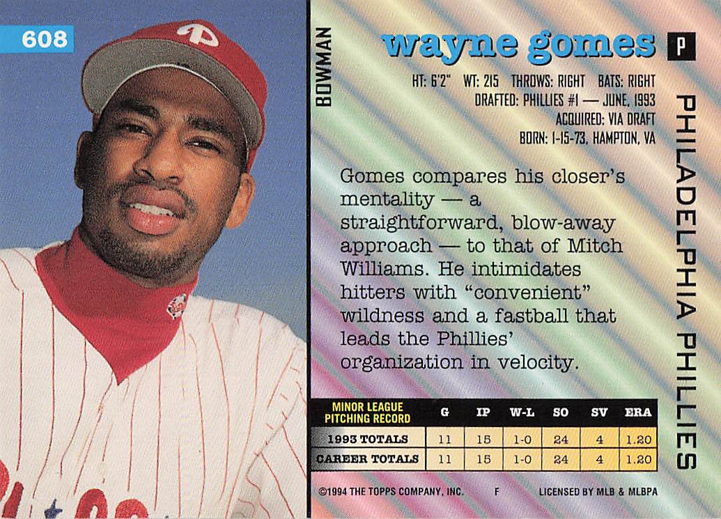 1994 Bowman Baseball Wayne Gomes #608 Rookie