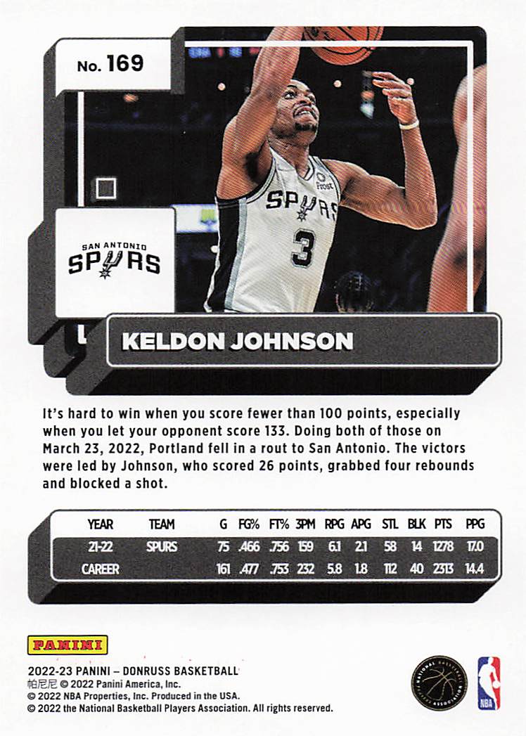 2022-23 Donruss Basketball Basketball 61/75 Keldon Johnson #169
