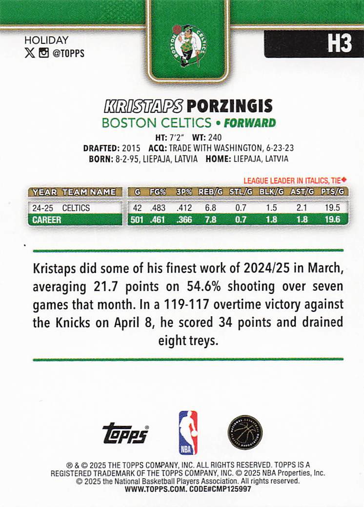 2025-26 Topps Holiday Basketball Kristaps Porzingis #H3
