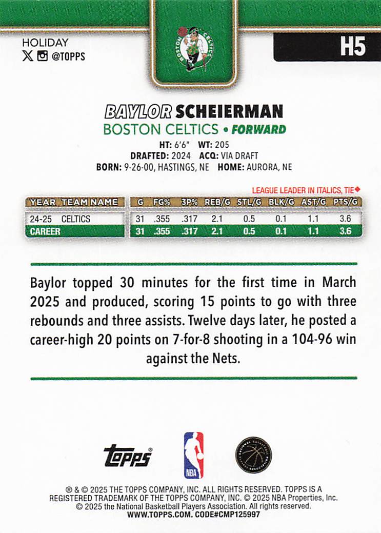 2025-26 Topps Holiday Basketball Baylor Scheierman #H5