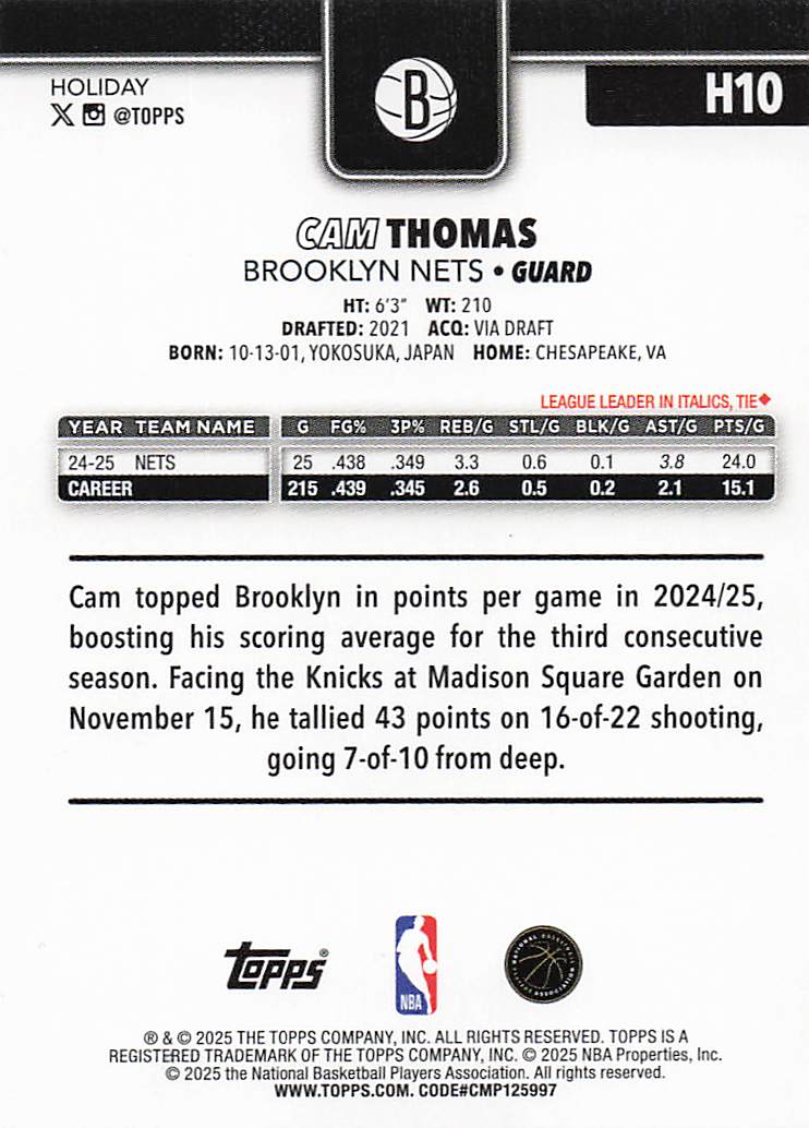 2025-26 Topps Holiday Basketball Cam Thomas #H10