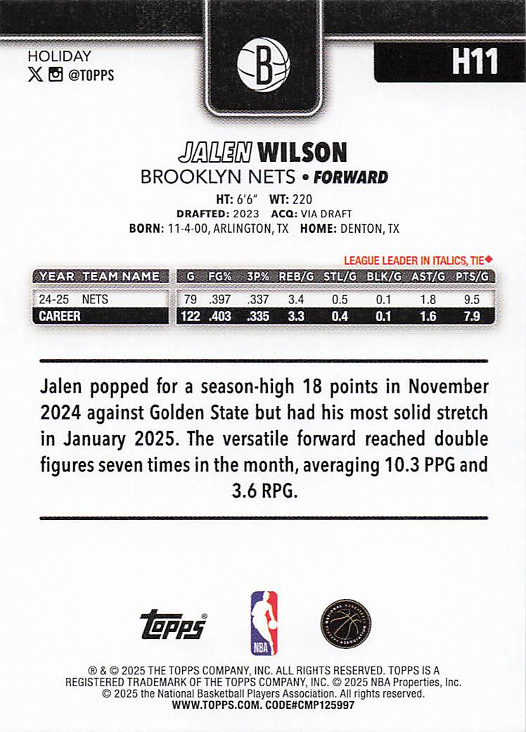 2025-26 Topps Holiday Basketball Jalen Wilson #H11