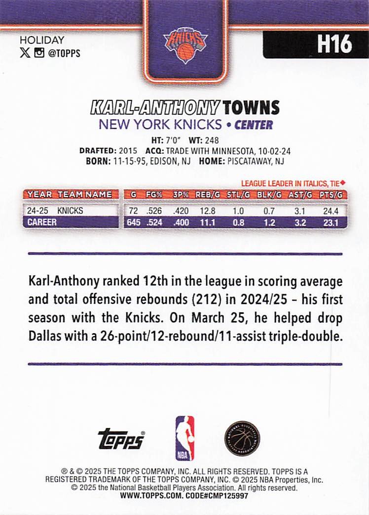 2025-26 Topps Holiday Basketball Karl-Anthony Towns #H16
