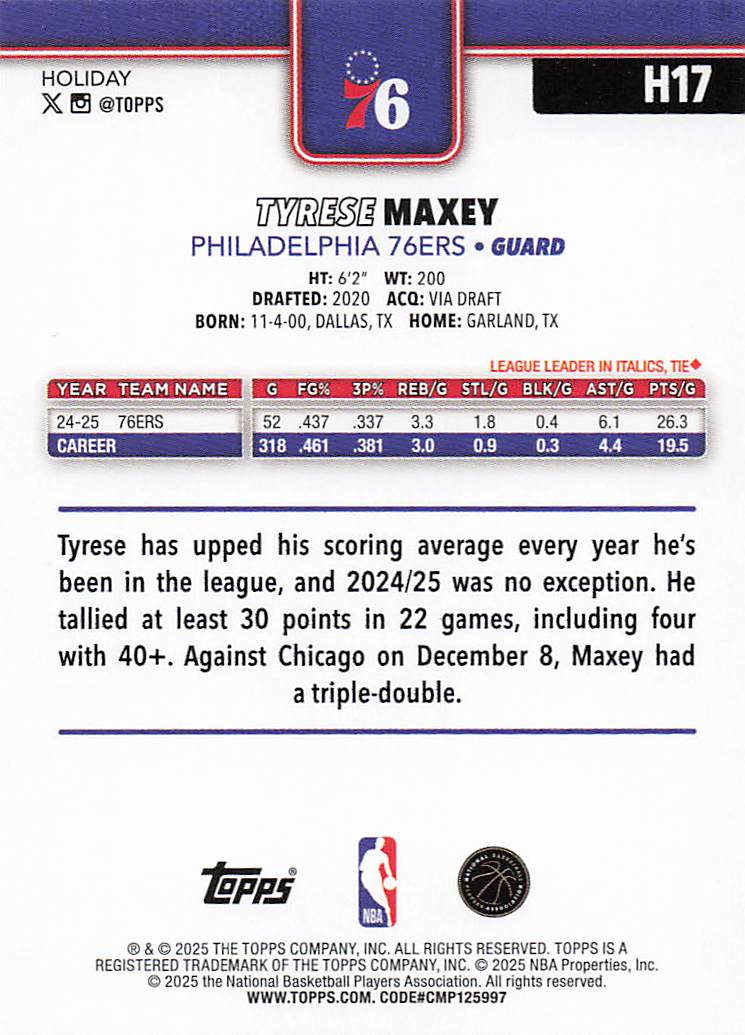 2025-26 Topps Holiday Basketball Tyrese Maxey #H17
