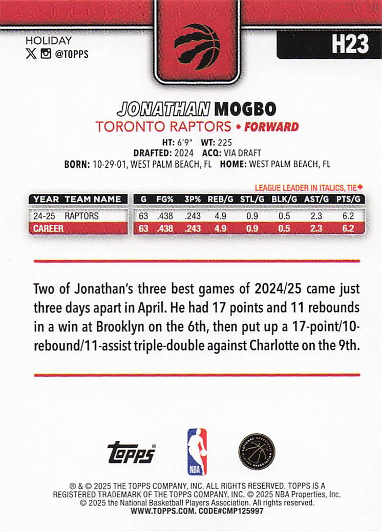2025-26 Topps Holiday Basketball Jonathan Mogbo #H23