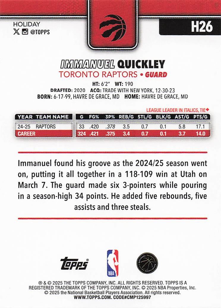 2025-26 Topps Holiday Basketball Immanuel Quickley #H26