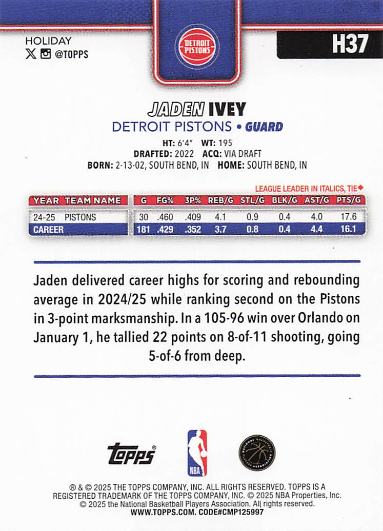 2025-26 Topps Holiday Basketball Jaden Ivey #H37