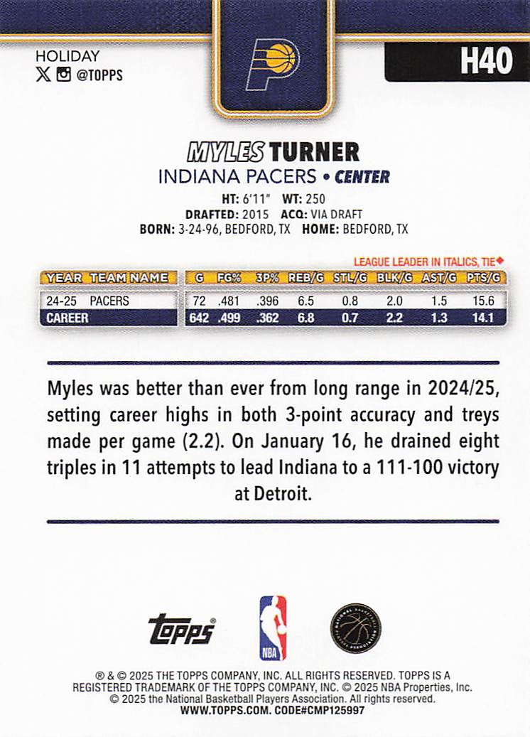 2025-26 Topps Holiday Basketball Myles Turner #H40