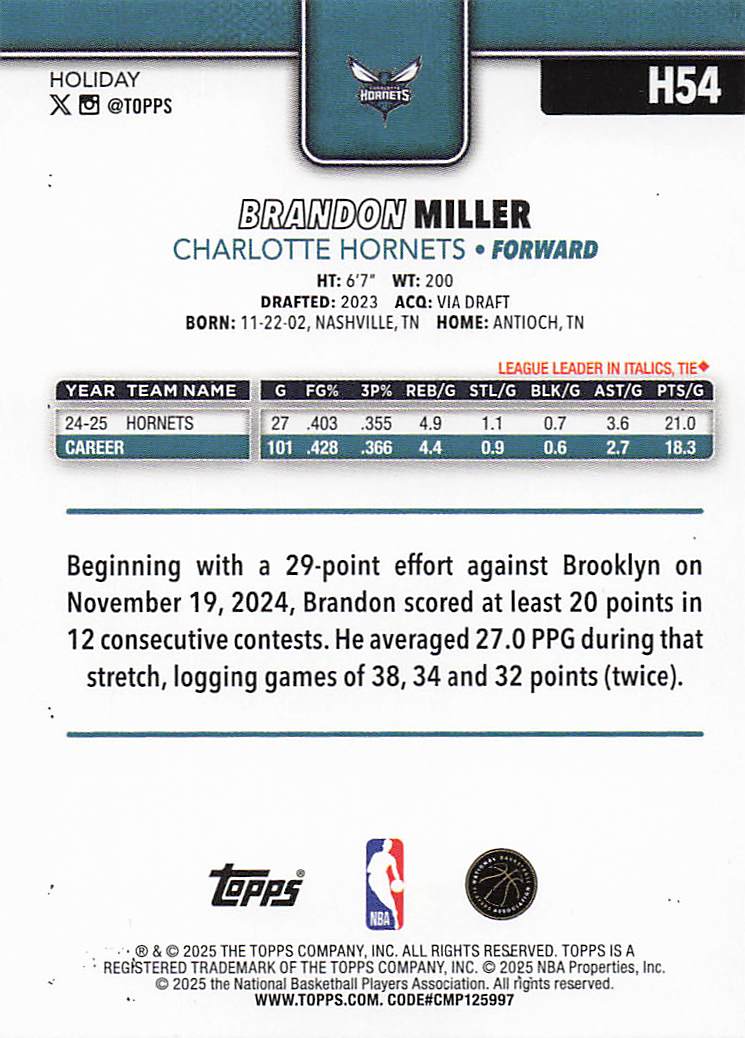2025-26 Topps Holiday Basketball Brandon Miller #H54