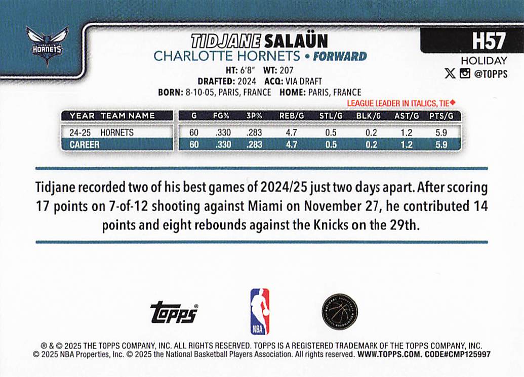 2025-26 Topps Holiday Basketball Tidjane Salaün #H57