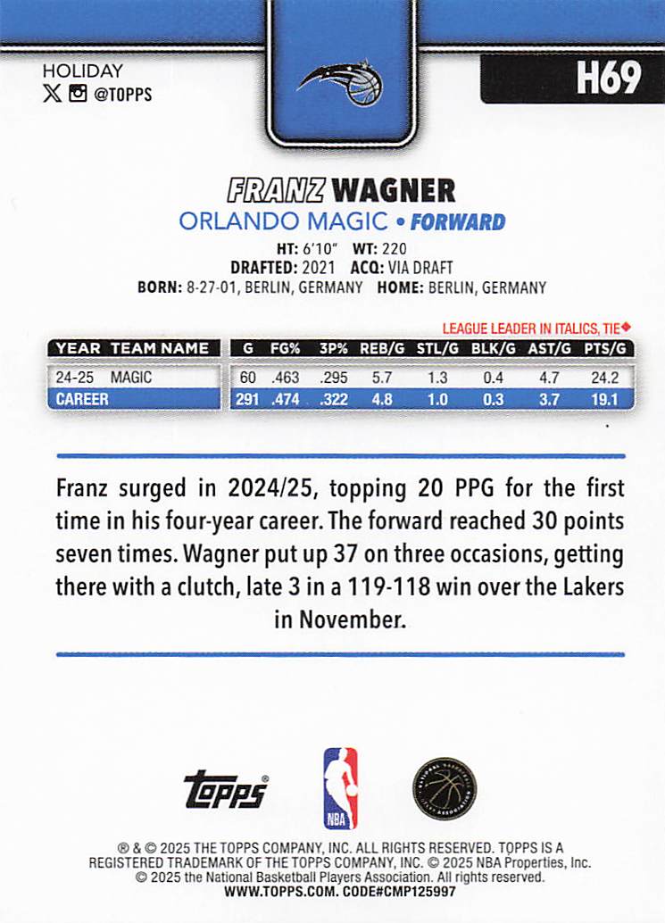 2025-26 Topps Holiday Basketball Franz Wagner #H69