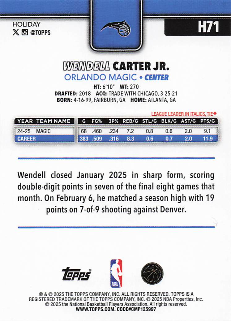 2025-26 Topps Holiday Basketball Wendell Carter Jr. #H71