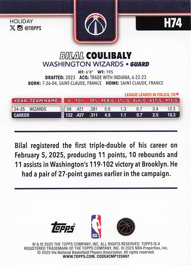 2025-26 Topps Holiday Basketball Bilal Coulibaly #H74