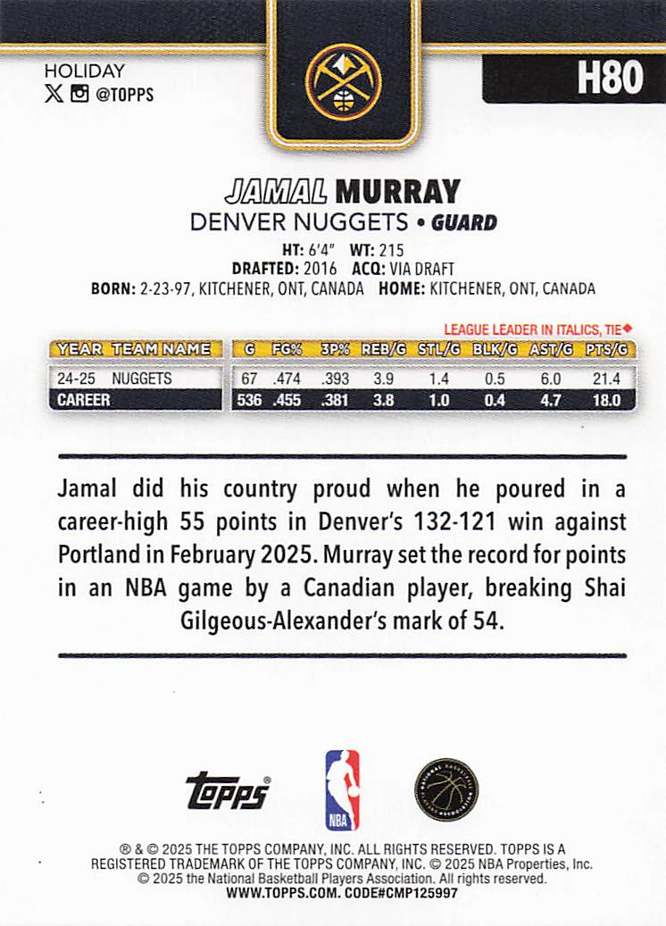 2025-26 Topps Holiday Basketball Jamal Murray #H80