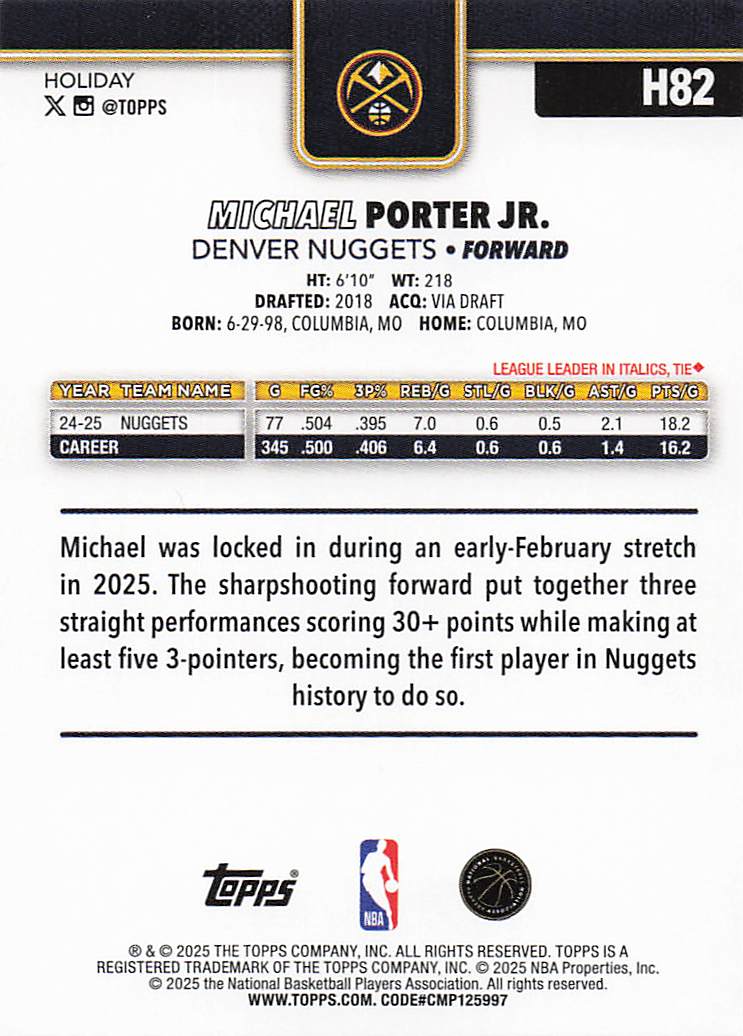 2025-26 Topps Holiday Basketball Michael Porter Jr. #H82