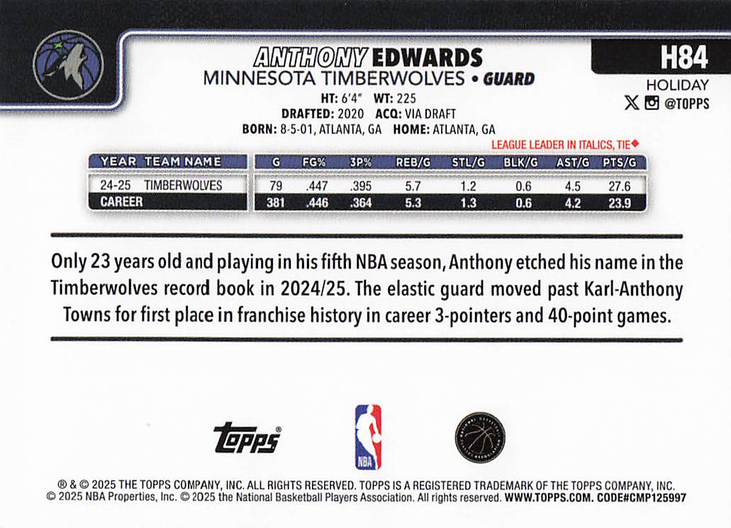 2025-26 Topps Holiday Basketball Anthony Edwards #H84