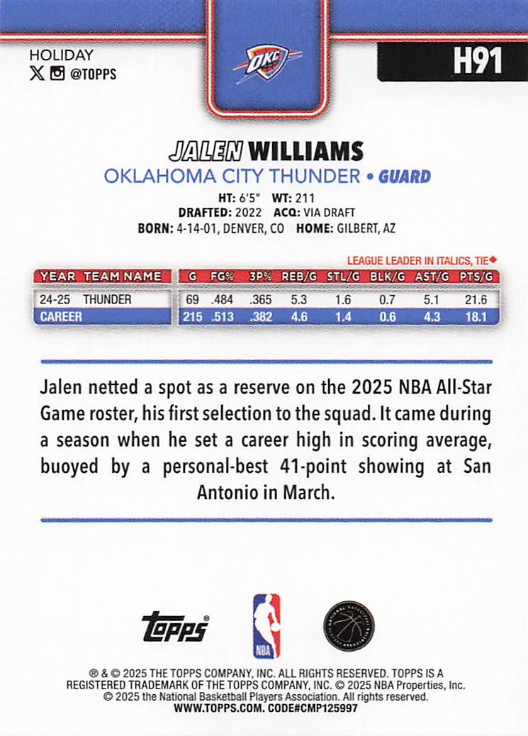 2025-26 Topps Holiday Basketball Jalen Williams #H91