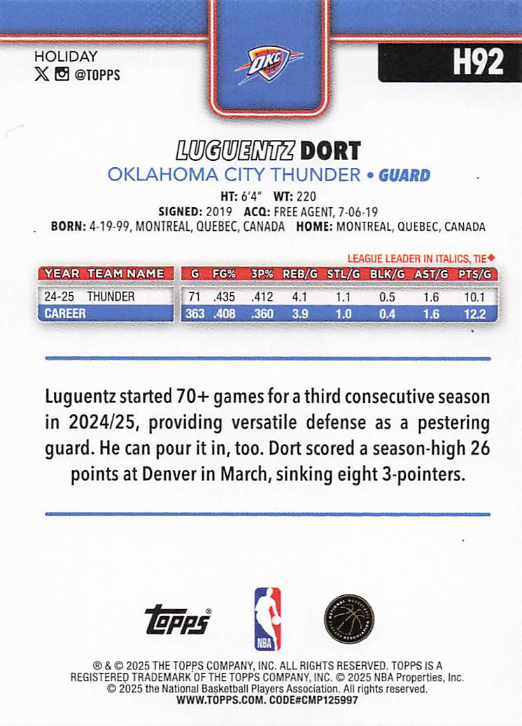 2025-26 Topps Holiday Basketball Luguentz Dort #H92