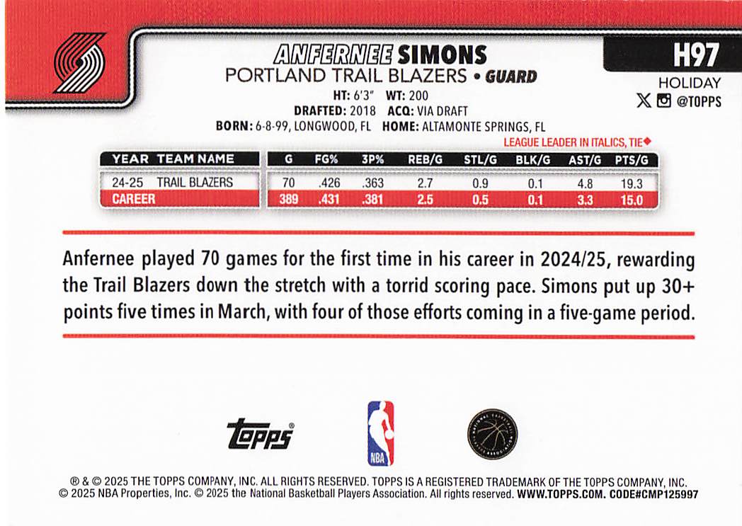 2025-26 Topps Holiday Basketball Anfernee Simons #H97