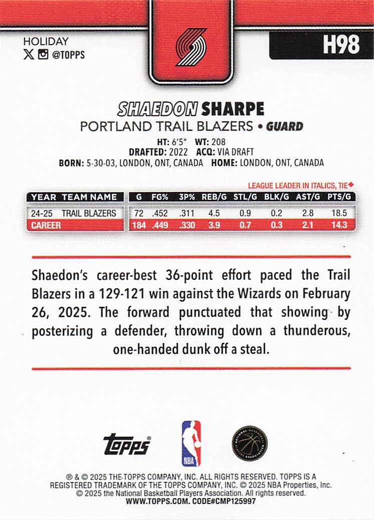 2025-26 Topps Holiday Basketball Shaedon Sharpe #H98