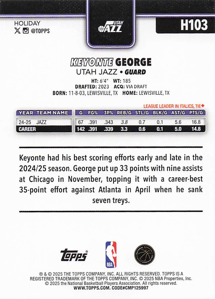 2025-26 Topps Holiday Basketball Keyonte George #H103