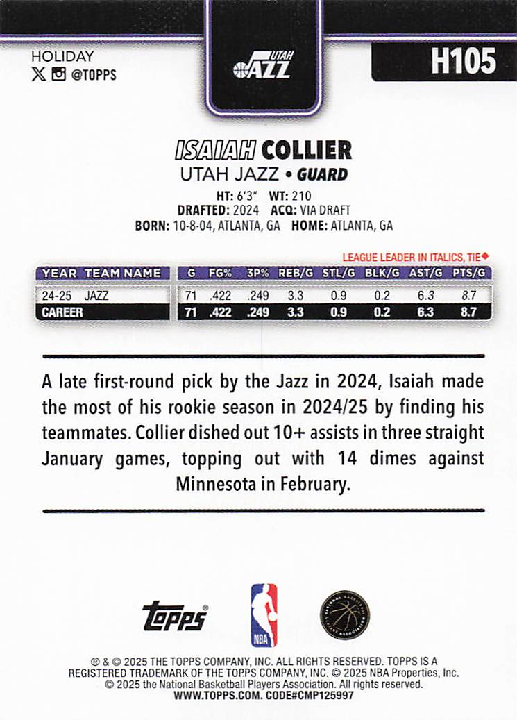 2025-26 Topps Holiday Basketball Isaiah Collier #H105