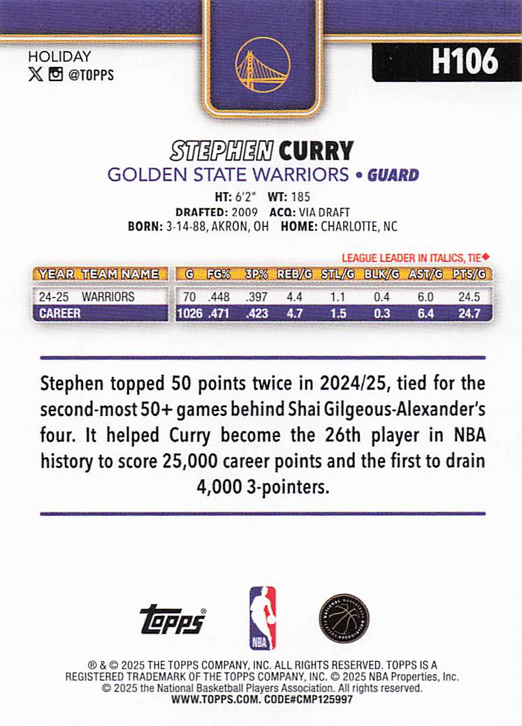 2025-26 Topps Holiday Basketball Stephen Curry #H106