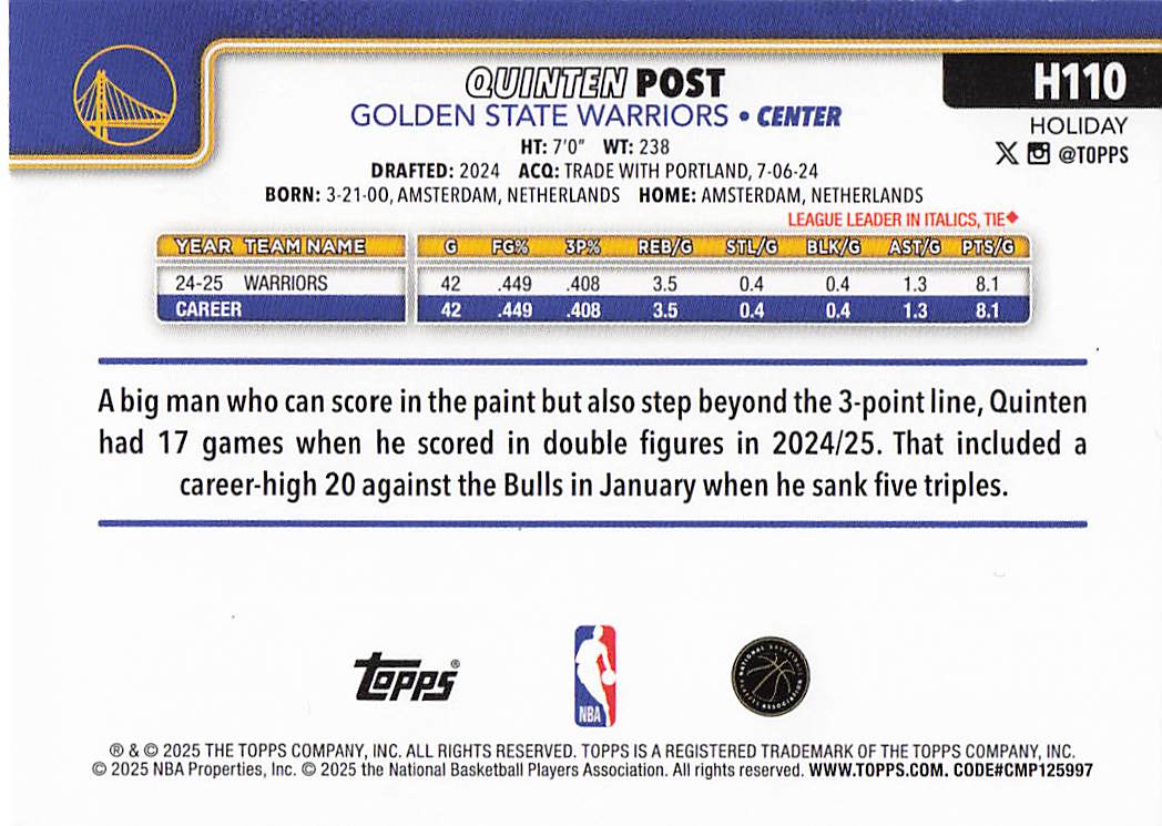 2025-26 Topps Holiday Basketball Glitter Holiday Quinten Post #H110