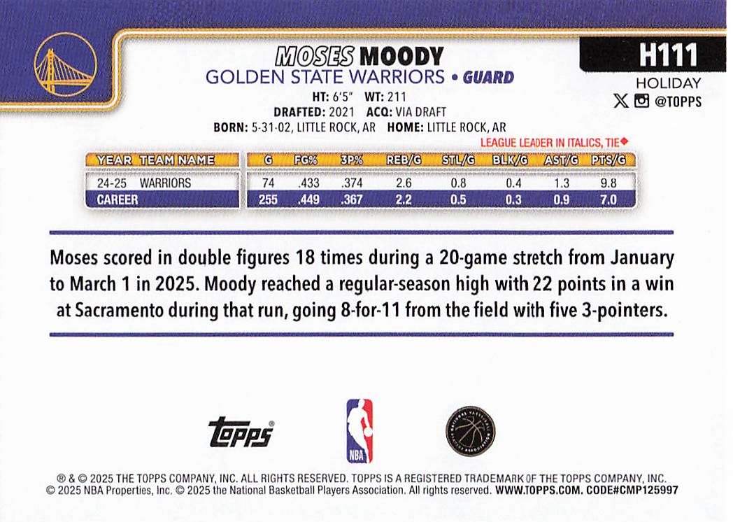 2025-26 Topps Holiday Basketball Moses Moody #H111