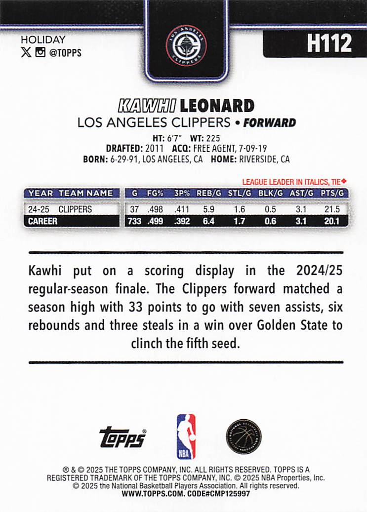 2025-26 Topps Holiday Basketball Kawhi Leonard #H112
