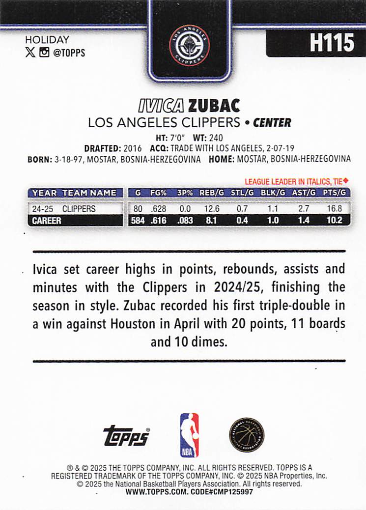 2025-26 Topps Holiday Basketball Ivica Zubac #H115