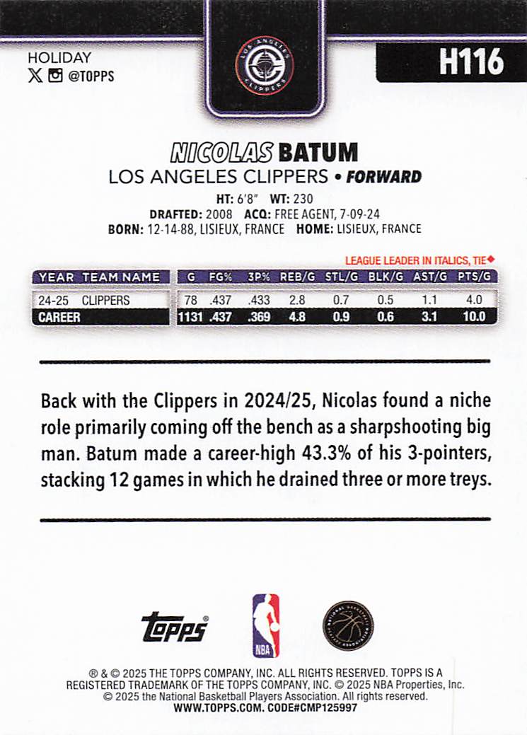 2025-26 Topps Holiday Basketball Nicolas Batum #H116