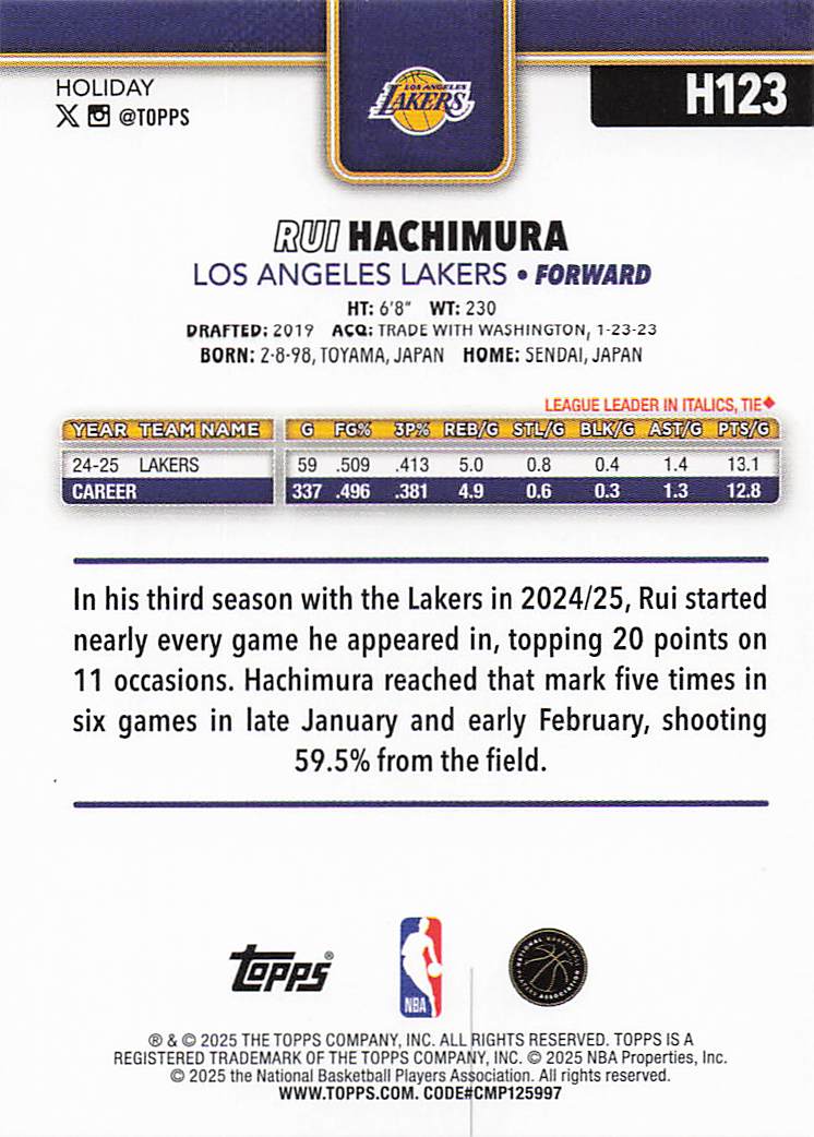 2025-26 Topps Holiday Basketball Rui Hachimura #H123
