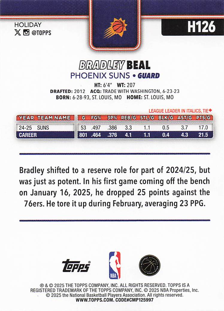 2025-26 Topps Holiday Basketball Bradley Beal #H126