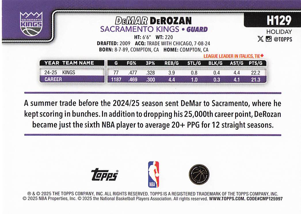 2025-26 Topps Holiday Basketball DeMar DeRozan #H129