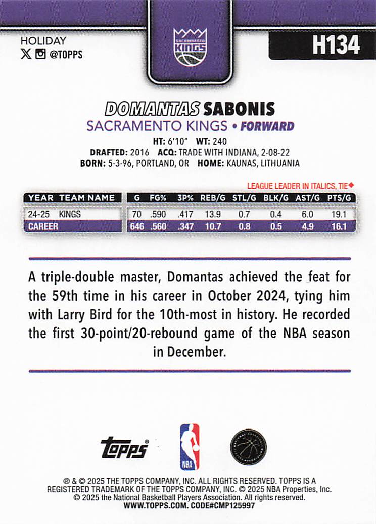 2025-26 Topps Holiday Basketball Domantas Sabonis #H134