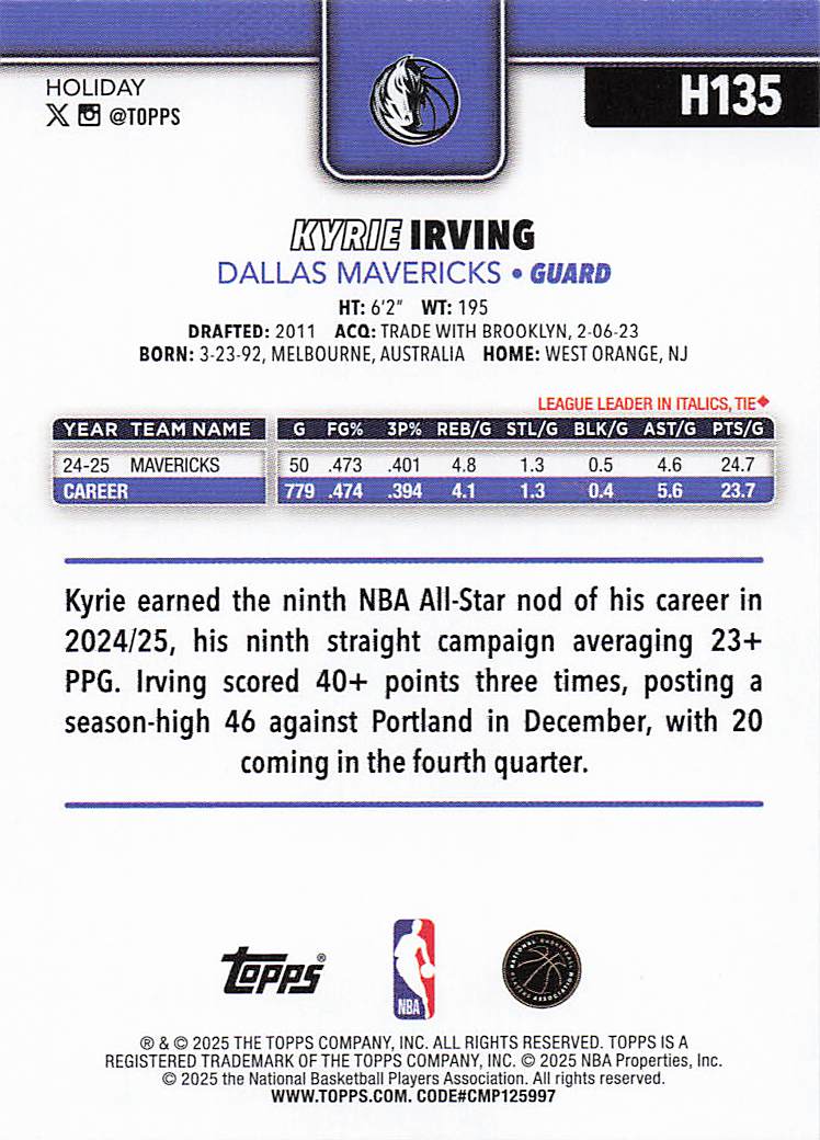 2025-26 Topps Holiday Basketball Kyrie Irving #H135