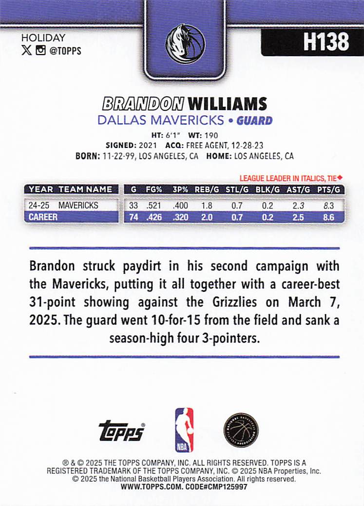 2025-26 Topps Holiday Basketball Brandon Williams #H138