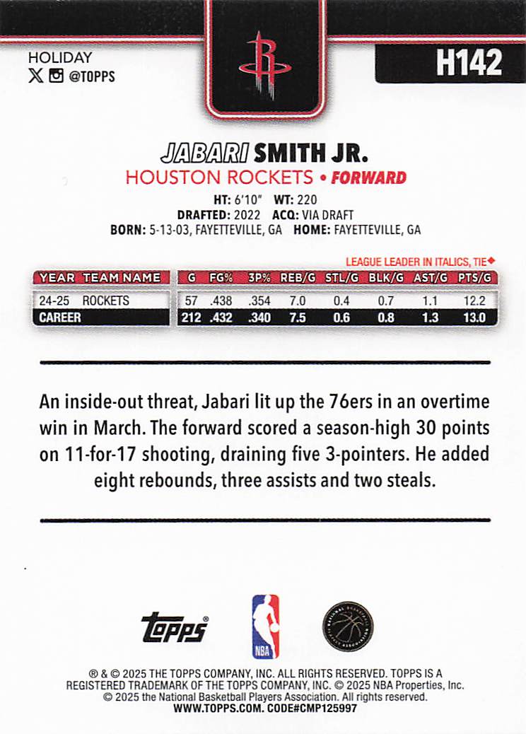 2025-26 Topps Holiday Basketball Jabari Smith Jr. #H142