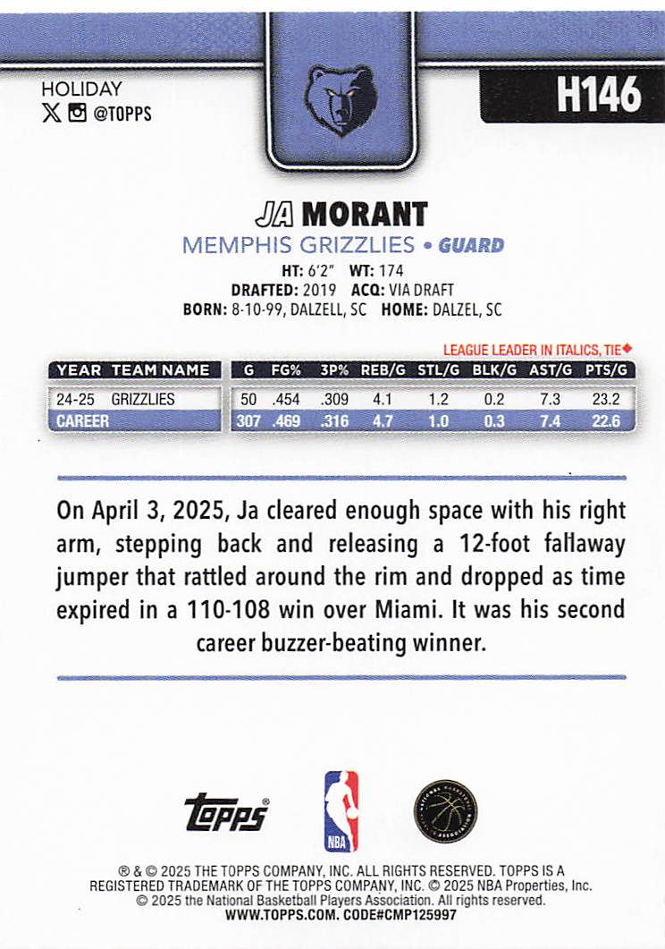 2025-26 Topps Holiday Basketball Ja Morant #H146