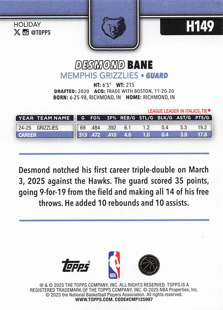 2025-26 Topps Holiday Basketball Desmond Bane #H149
