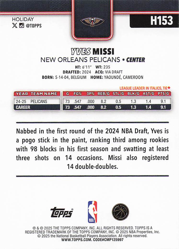 2025-26 Topps Holiday Basketball Yves Missi #H153