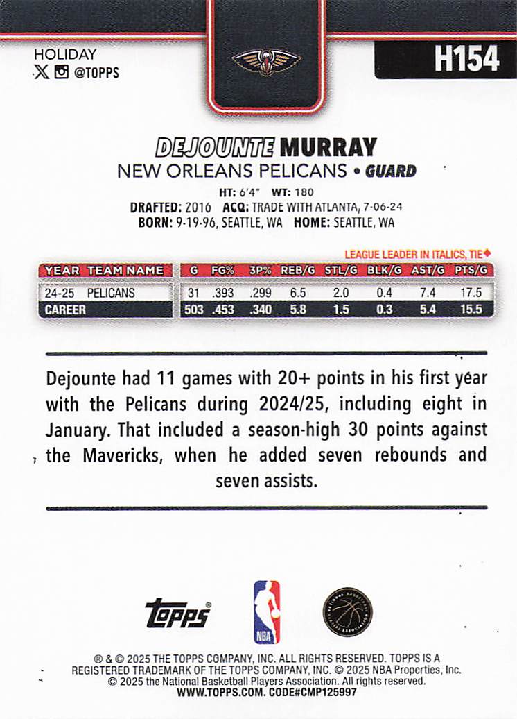 2025-26 Topps Holiday Basketball Dejounte Murray #H154